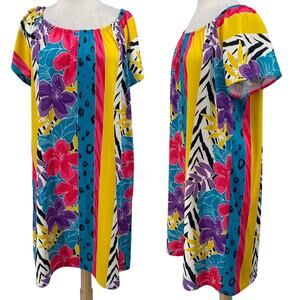 Vintage 80s Mumu Mini Dress Tropical Floral Colorblock Stripe Animal Print Aline